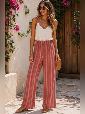 Bailey Blue Women’s Large Wide Leg Jumpsuit Pink & Cream Stripe Paperbag Waist